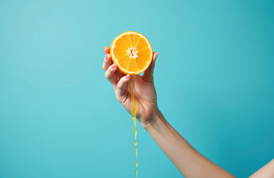 Female hand holds orange half. Fresh juice streams down against bright blue background. Squeezing citrus fruit for healthy drink preparation.