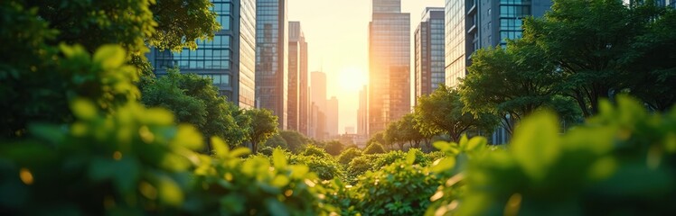 Obraz premium Green city park with modern skyscrapers. Rich trees and plants surround urban buildings. Sun shines brightly over cityscape in late afternoon light.