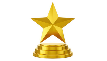 A realistic golden star award displayed on a tiered pedestal perfect for design projects on transparent background