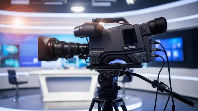 Professional video camera on tripod in news studio for television broadcast. Digital video recording equipment for media production.