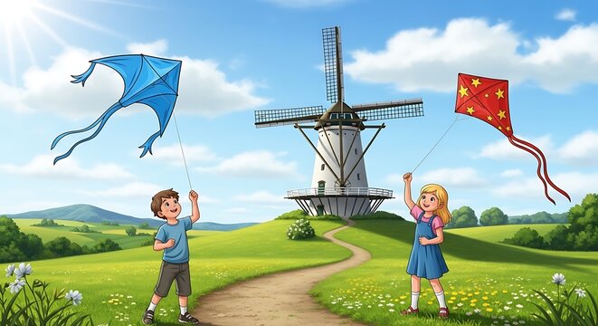 Children Flying Kites Near Windmill Landscape.