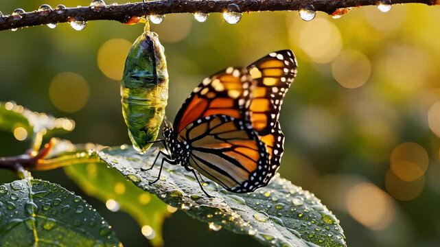 Monarch Butterfly Emerges from Chrysalis - A Stunning Transformation in Nature.