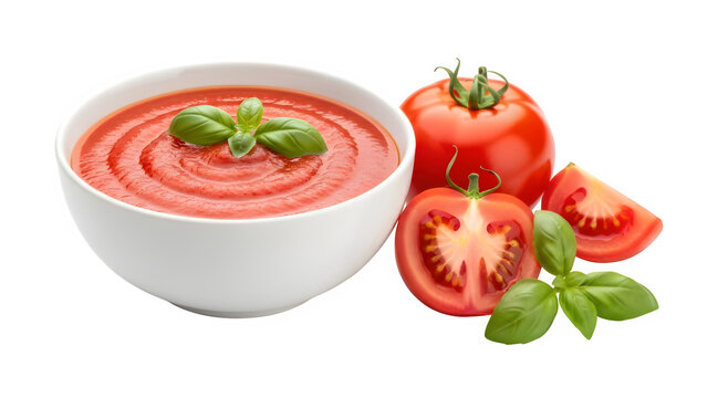 Delicious tomato soup in a white bowl isolated on transparent background
