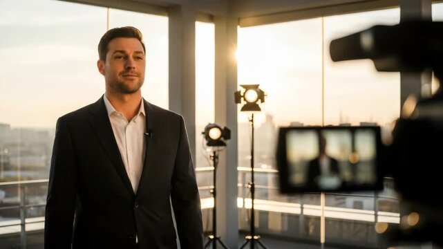 Male news anchor filming on camera with lights. Journalist presenting breaking news in professional studio for television broadcast.