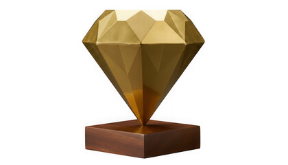 A digitally rendered golden diamond trophy sits atop a dark wood base on transparent background