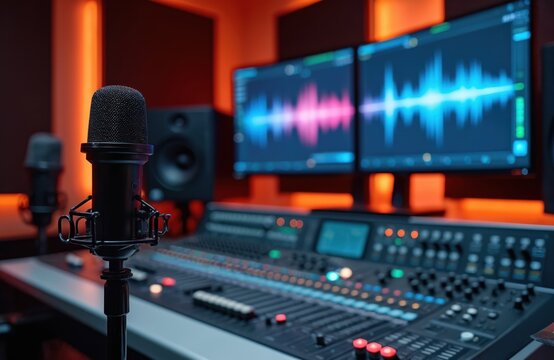 Professional sound studio with microphones, monitors showing audio waves, and a mixing console. Equipment ready for recording music or voiceovers.