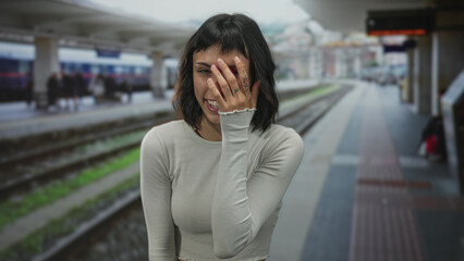 Fototapeta premium Woman laughing with hand to face on railway platform at train station wearing a light sweater; carefree happiness.