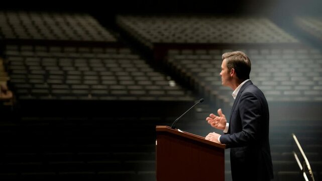 Caucasian man speaking eloquently at lectern in dimly lit auditorium setting, political or business speech concept