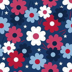 Cotton fabric Seamless pattern with patriotic flowers and stars in red white and blue colors for 4th of July independence day celebration and american summer themed backgrounds