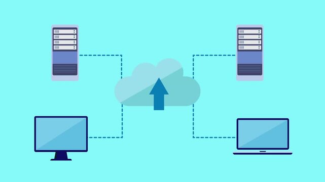 Flat vector illustration of a cloud with an upward arrow connected to servers, desktop, and laptop, representing data upload, cloud storage, and cross device synchronization on a blue background.

