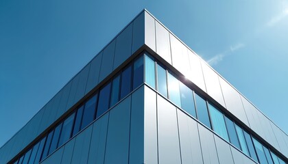 Obraz premium Modern industrial building exterior with geometric aluminium panels and reflective glass windows under clear blue sky. Clean facade reflects bright sunlight.