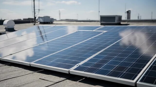 Rooftop perspective highlighting solar panel arrays with crisp details while nearby antennas and structures remain blurred.