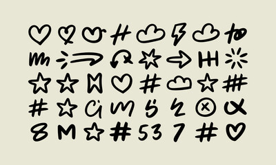 Naklejka premium Assortment of hand-drawn graphic elements: hearts, stars, clouds, lightning, arrows, numbers, and letters in a sketched style.
