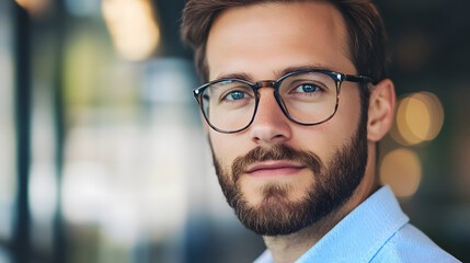 Fototapeta premium Close up portrait of a handsome bearded young man wearing glasses and a blue shirt. Confident businessman looking at the camera with a blurred background. 
