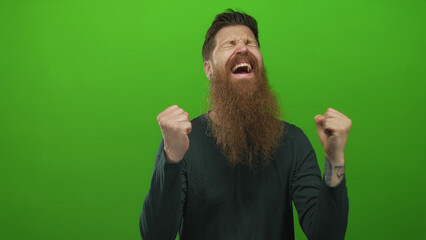 Man with long beard and tattooed forearm pumps fist to camera with smiling expression in green studio  excitement. © Krakenimages.com