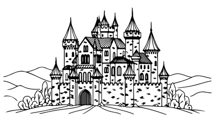 Obraz premium A medieval castle with towers and a moat, illustrated in a flat, minimal style