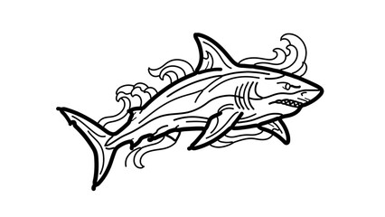 Obraz premium A minimalist black and white vector illustration of a shark swimming through waves