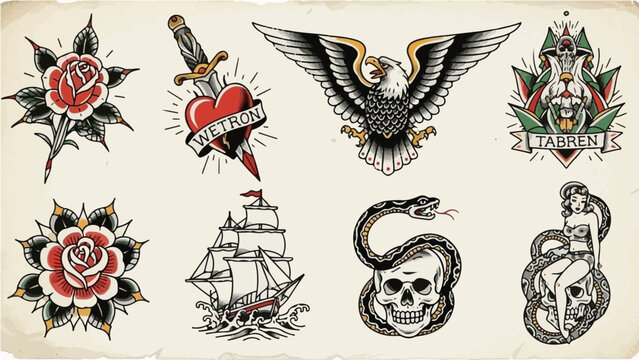 A collection of traditional tattoo designs including roses, hearts, and skulls in a classic American style