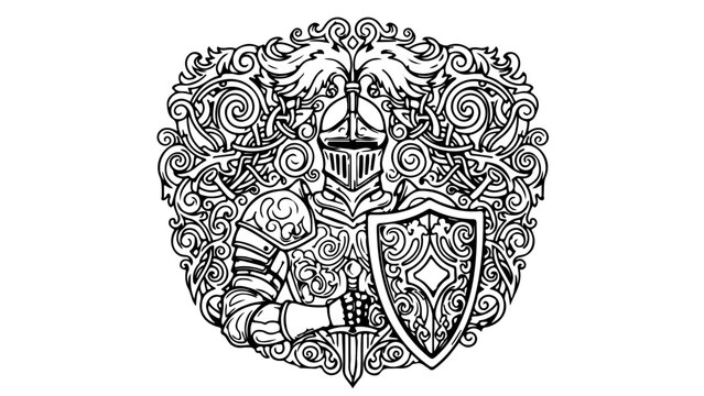 A medieval knight's shield and helmet in a decorative floral pattern vector illustration