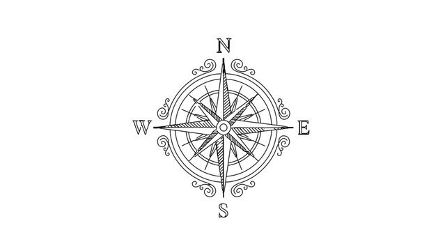 A minimalist vector graphic of a compass with a decorative design on a white background