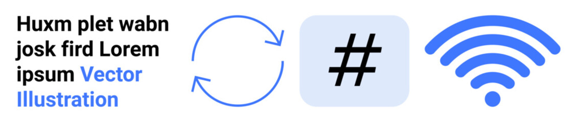 Obraz premium Circular arrows, metadata tag, and wireless signals in blue tones representing connectivity, social media, networking, communication, updates, technology trends, and a simple landing page