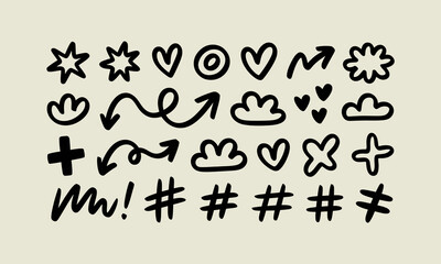 Fototapeta premium Hand-drawn doodle icons featuring hearts, stars, clouds, arrows, plus signs, and hashtags for creative projects.
