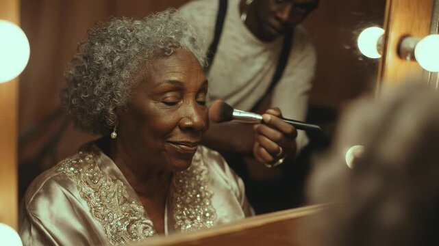 Senior African American woman applying makeup. Professional makeover backstage, artist applying powder. Elegant look, stage preparation. Beauty, aging gracefully, portrait.