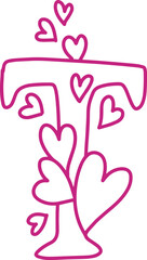 T monogram letter hand drawn with hearts. Pink alphabet symbol isolated on white.