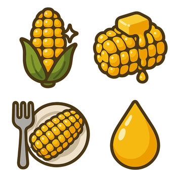 Cartoon corn icons featuring butter, cob, kernel, and oil variations