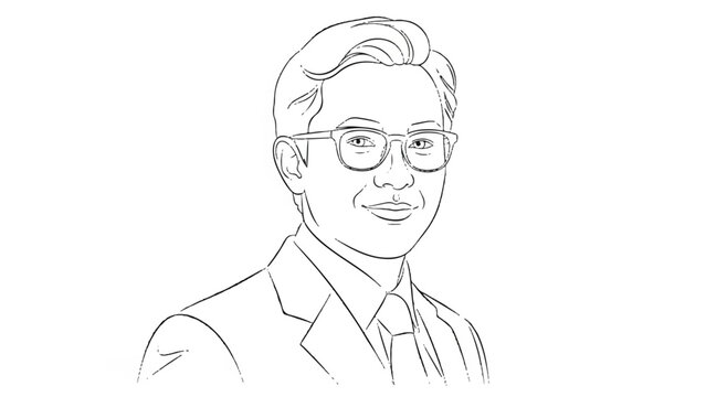 Line drawing portrait of a smiling businessman in a suit and glasses.