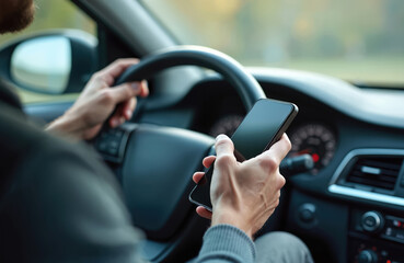 Driver holds smartphone while operating car. Male hand grips steering wheel and mobile device. Texting or calls cause dangerous driving distraction and risk.