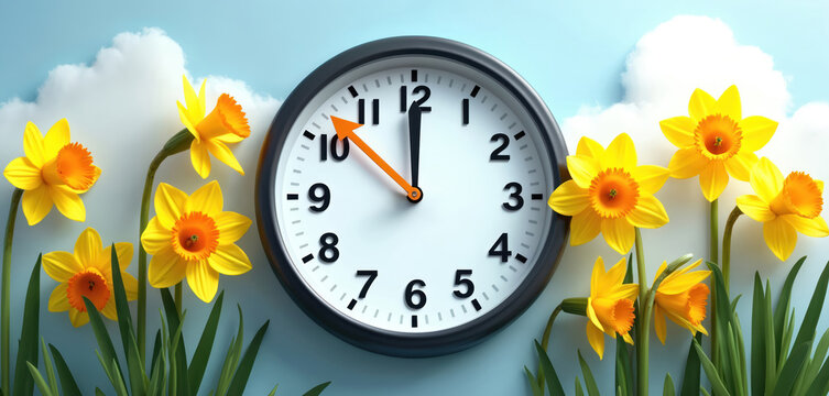 Spring arrives with daffodils blooming and clock showing time change. Daylight saving begins. Sun shines on bright flowers against blue sky with fluffy clouds.