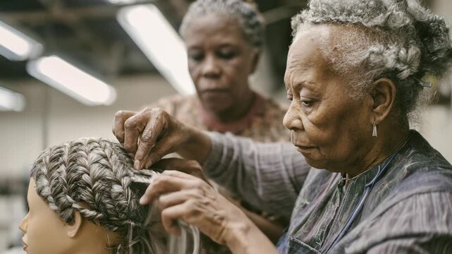 Senior African American woman teaching braiding skills to a young apprentice. Skilled hands demonstrate classic hair styling technique. Generational knowledge transfer, workforce development.