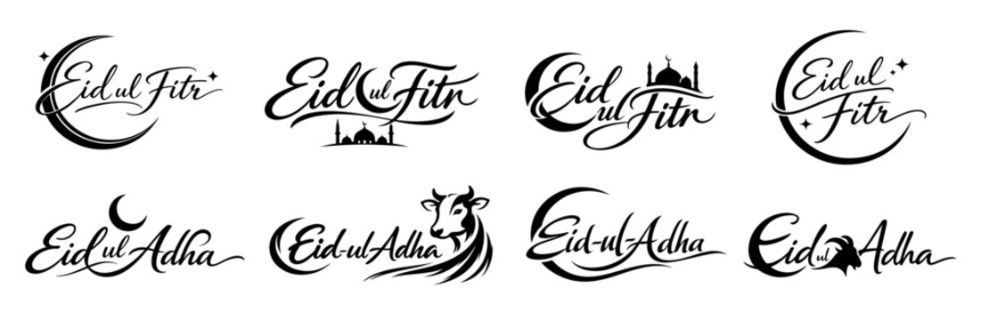 Eid ul Fitr and Eid ul Adha Black Logo Bundle with Mosque, Crescent Moon, Cow, and Goat Silhouette in Elegant Calligraphy