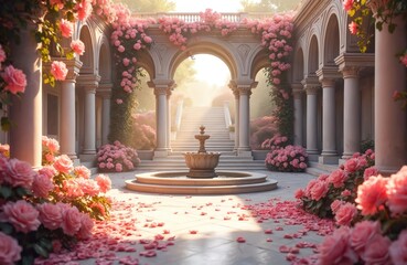 Naklejka premium Elegant stone courtyard with blooming pink roses and a tiered fountain. Arched colonnade leads to sunlit stairs. Petals scatter on patio floor.