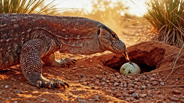 Monitor lizard carefully watches over its eggs in the desert.