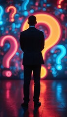 Fototapeta premium Man in dark suit stands before wall with glowing neon question marks. He looks forward, arms crossed, lost in thought. Modern urban scene with vibrant lights.