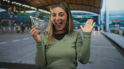 Young blonde woman holding tiny shopping cart and giving thumbs up outside airport terminal building  playful travel joy. © Krakenimages.com