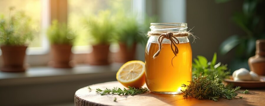 Jar of golden honey with lemon and fresh herbs on rustic wood table. Sunlight streams in, highlighting natural wellness and homemade remedies for a healthy lifestyle.