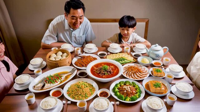 A happy Chinese father and son sit at a wooden dining table enjoying a traditional feast including roast duck steamed fish dumplings and mapo tofu