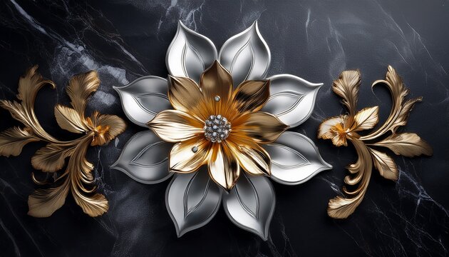 elegant gold and silver flower on dark marble