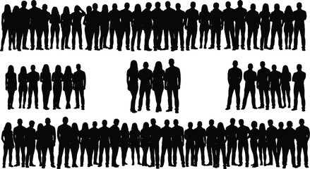 Silhouettes of people in multiple group rows showing varied crowd densities and postures on white background