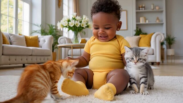 A happy African American baby in a yellow romper sitting on a rug in a bright luxurious living room smiles while reaching for two playful kittens