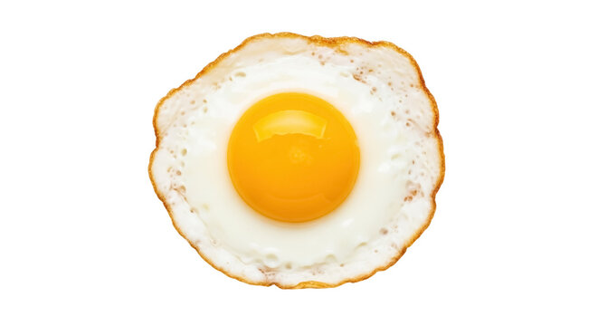 Fried egg isolated PNG on transparent background, sunny-side up breakfast food with golden yolk and crispy edges for cooking and recipe design