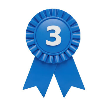 Blue rosette with number 3 award badge isolated on transparent background isolated on transparent background
