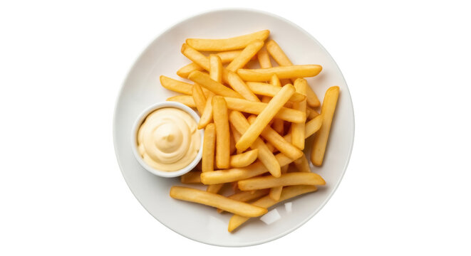 Golden french fries with mayonnaise isolated PNG, crispy potato sticks on a plate for fast food restaurants and takeout menus
