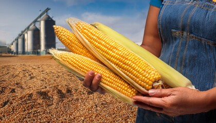corn in the hands of a farmer with an industrial processing plant background