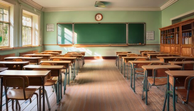 old fashioned classroom featuring rows of wooden desks and chairs facing a clean empty green chalkboard indicative of a break in lessons or the end of a school day