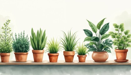Fototapeta premium Various green houseplants in terra cotta pots displayed on a wooden shelf. Plants show diverse leaf shapes and growth habits, suggesting indoor gardening and home decor.