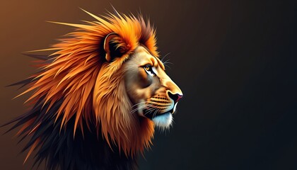 Fototapeta premium Majestic lion portrait in vivid colors. Fiery mane and intense gaze on dark background. African big cat rendered in sharp detail, graphic style, powerful presence, wild spirit.